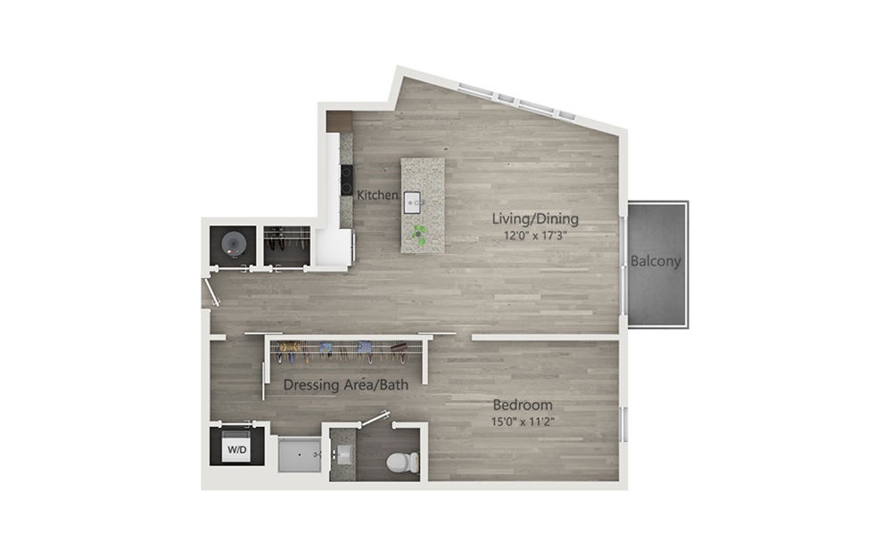 A5b - 1 bedroom floorplan layout with 1 bathroom and 890 square feet