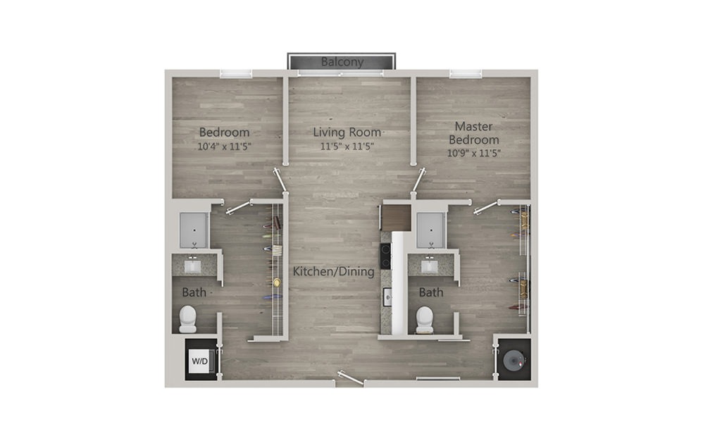 B1 - 2 bedroom floorplan layout with 2 bathrooms and 979 square feet