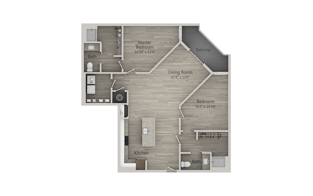 B2 - 2 bedroom floorplan layout with 2 bathrooms and 1189 square feet