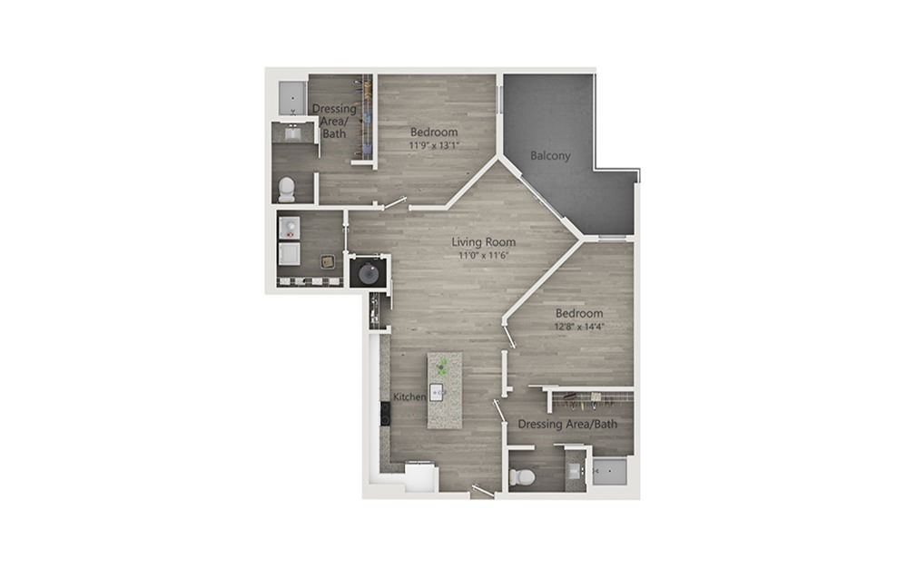 B2a - 2 bedroom floorplan layout with 2 bathrooms and 1137 square feet