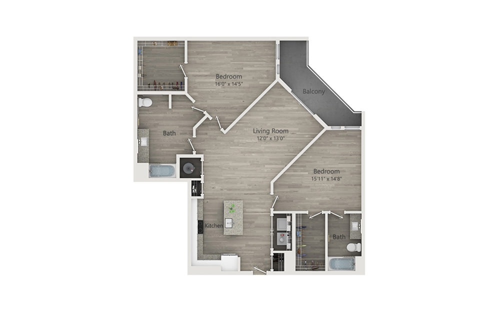 B2c - 2 bedroom floorplan layout with 2 bathrooms and 1324 square feet