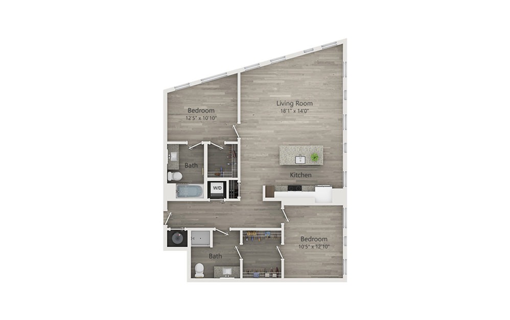 B3 - 2 bedroom floorplan layout with 2 bathrooms and 1196 square feet